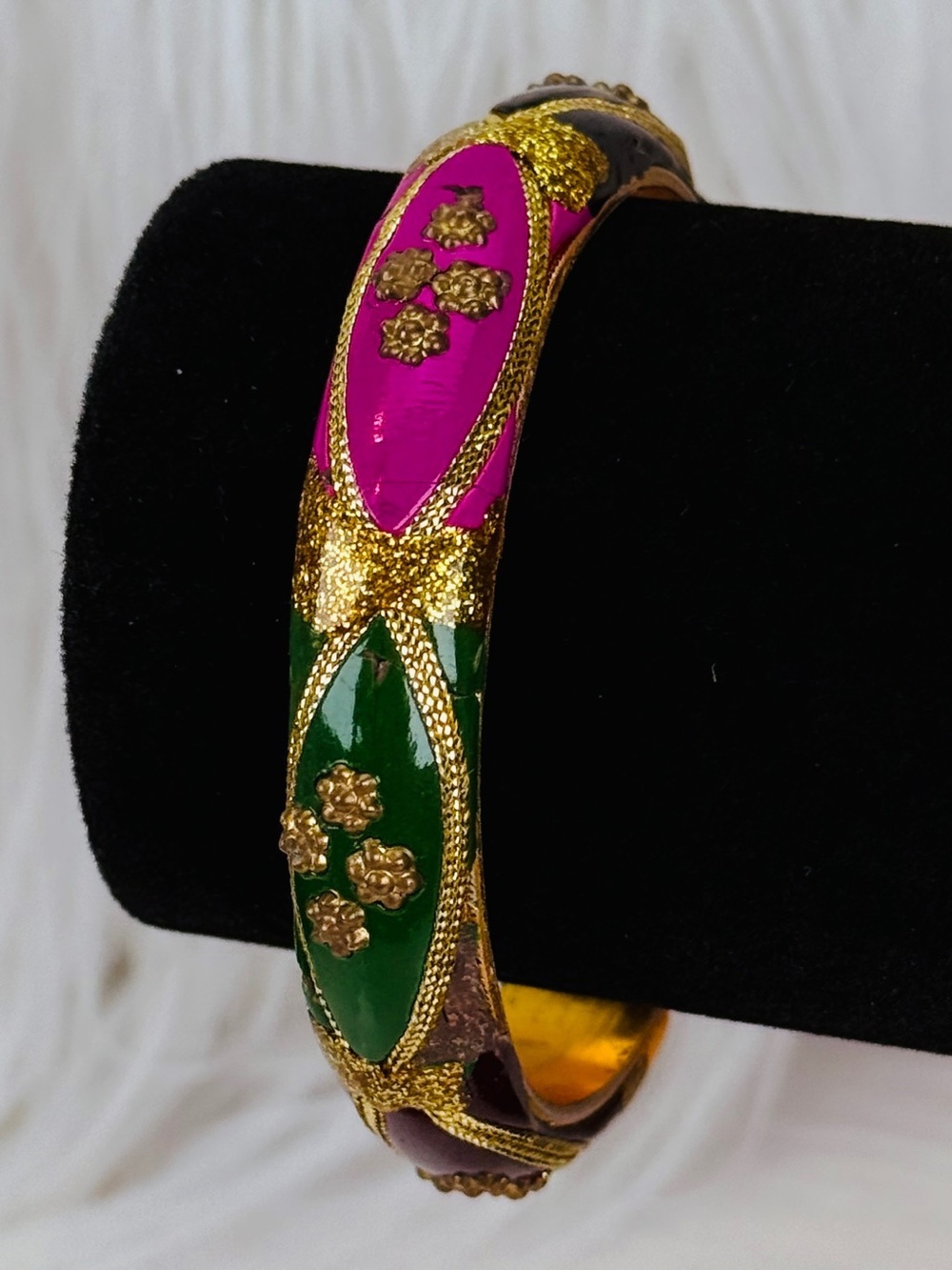 Vintage Colorful Floral Goldtone Bangle Bracelet - Pink, Green & Black